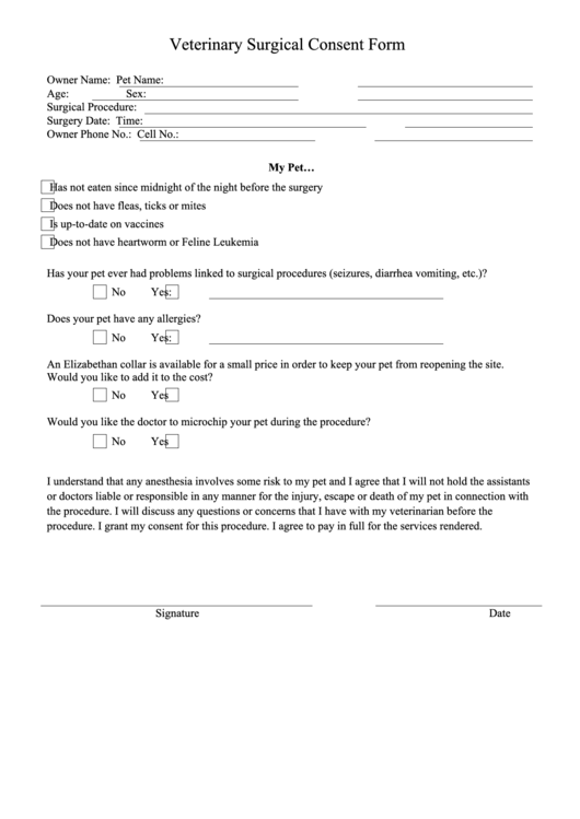 Veterinary Surgical Consent Form Printable pdf
