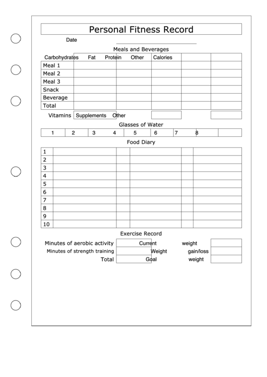 Personal Fitness Record Template - Right Printable pdf
