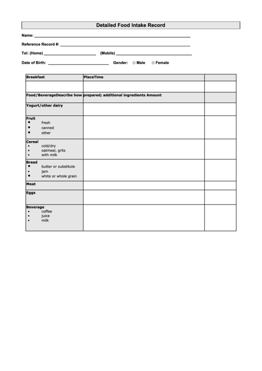 Detailed Daily Food Intake Record Printable Pdf Download