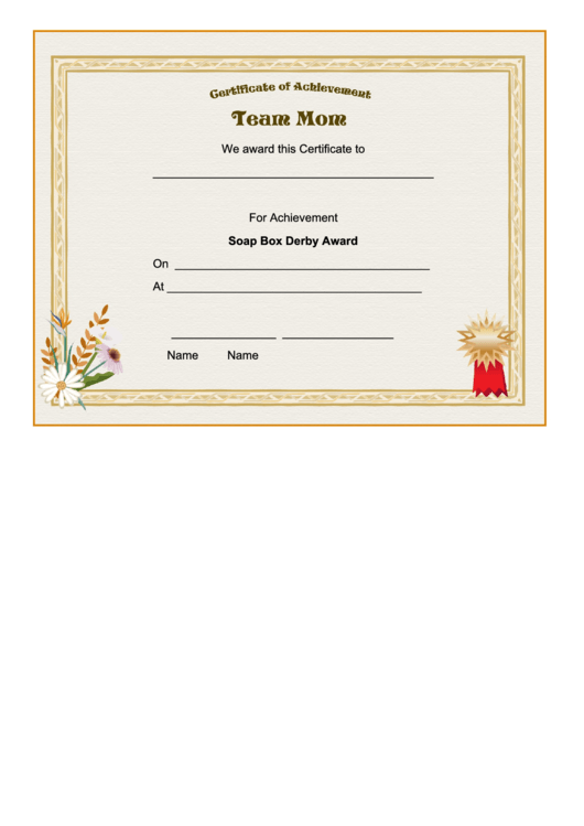 Soap Box Derby - Team Mom Certificate Printable pdf