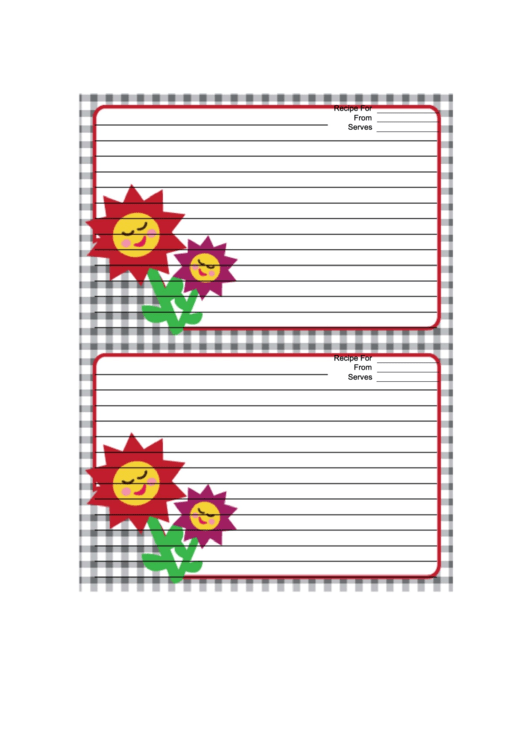 Flowers Black Gingham Recipe Card Template Printable pdf