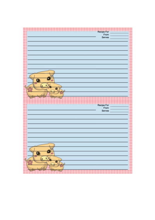 Pigs Pink Recipe Card Template 4x6 Printable pdf