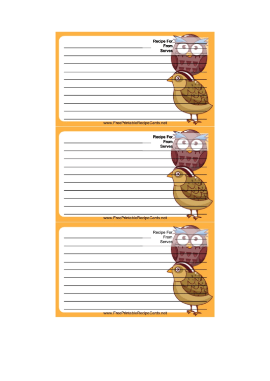 Partridge Owl Orange Recipe Card Template Printable pdf