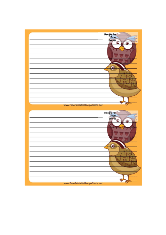 Partridge Owl Orange Recipe Card Template 4x6 Printable pdf