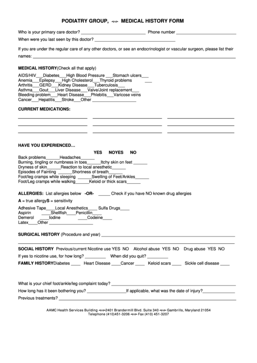Podiatry Group, P.a. Medical History Form Printable pdf