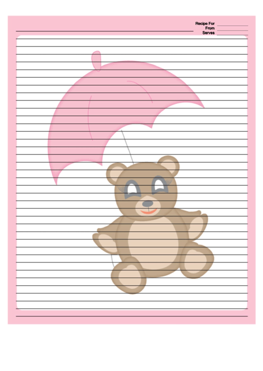 Teddy Bear Pink Umbrella Recipe Card 8x10 Printable pdf