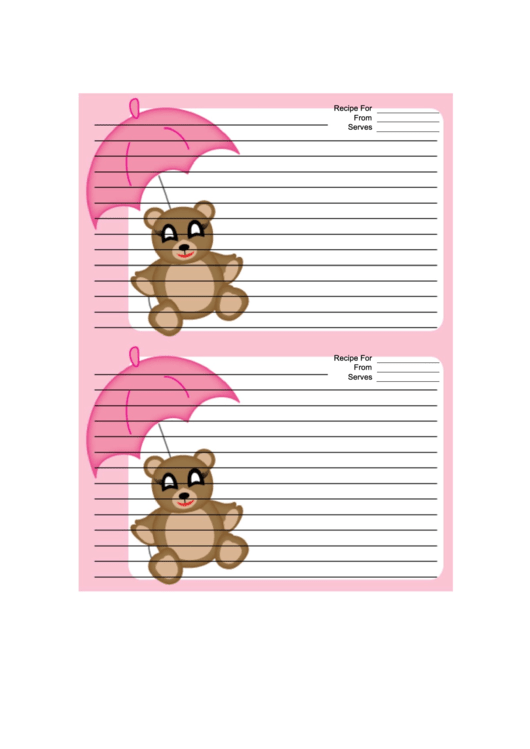 Teddy Bear Pink Umbrella Recipe Card Printable pdf