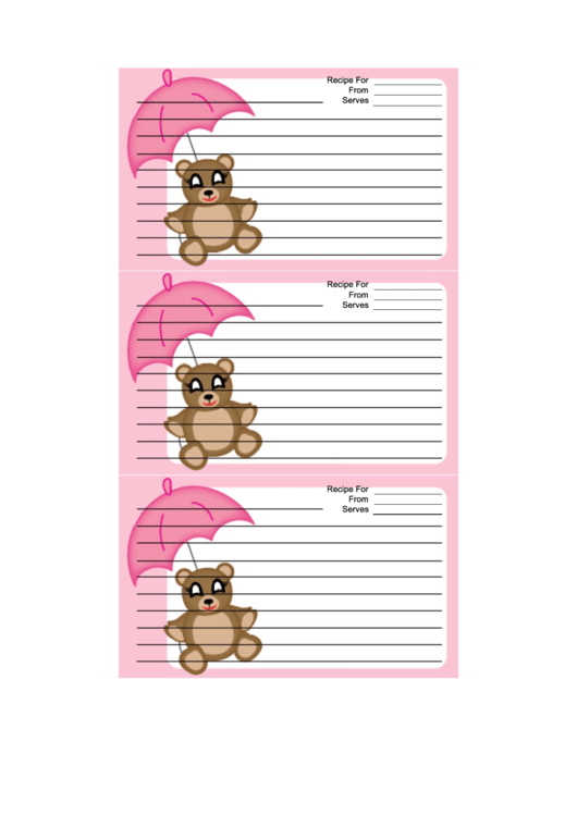 Teddy Bear Pink Umbrella Recipe Card Template Printable pdf