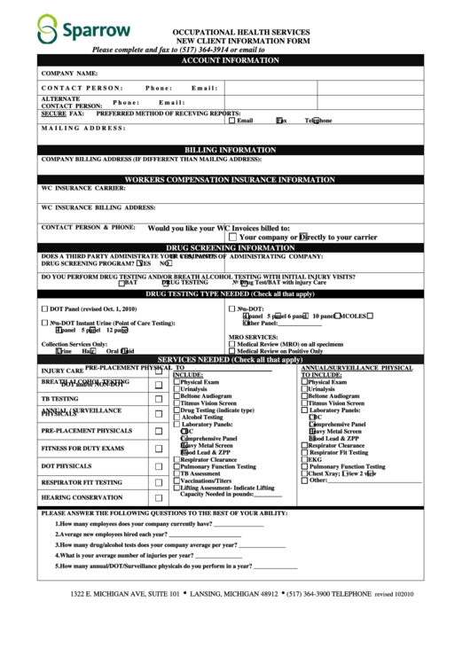 Sparrow Occupational Health Services New Client Information Form Printable pdf