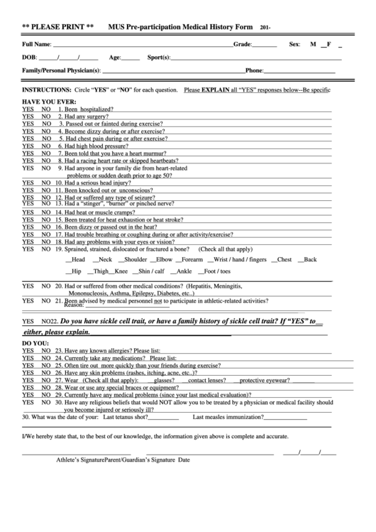 Mus Pre-Participation Medical History Form - 2016-2017 Printable pdf