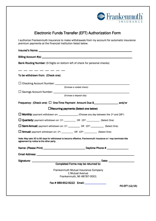 Frankenmuth Electronic Funds Transfer (eft) Authorization Form