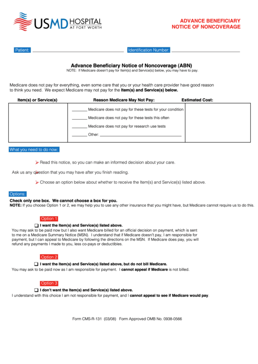 Usmd Advance Beneficiary Notice Of Noncoverage Printable pdf