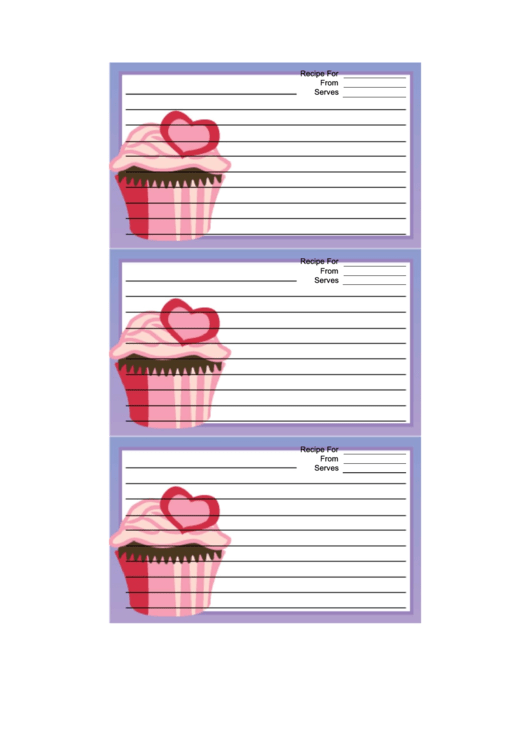 Pink Heart Cupcake Purple Recipe Card Template Printable pdf