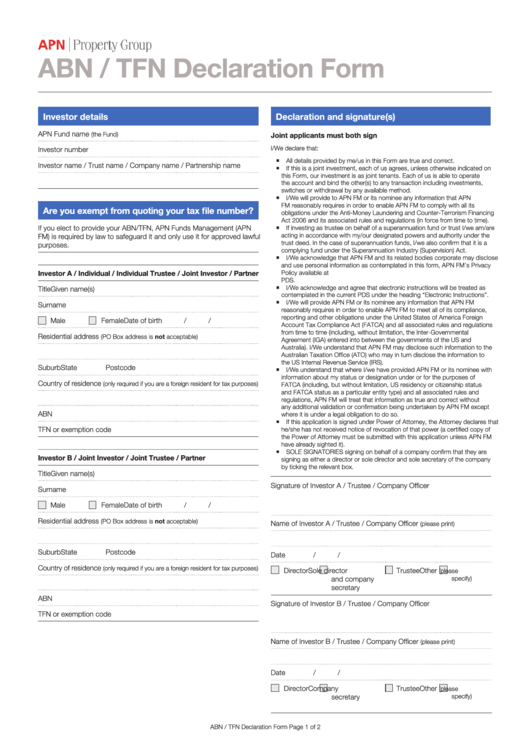 Abn / Tfn Declaration Form Printable pdf