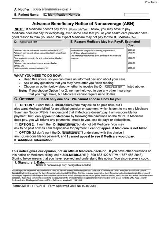 Form Cms-r-131 - Advance Beneficiary Notice Of Noncoverage (abn) - 2011