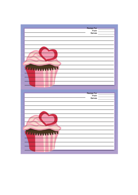 Pink Heart Cupcake Purple Recipe Card Template 4x6 Printable pdf