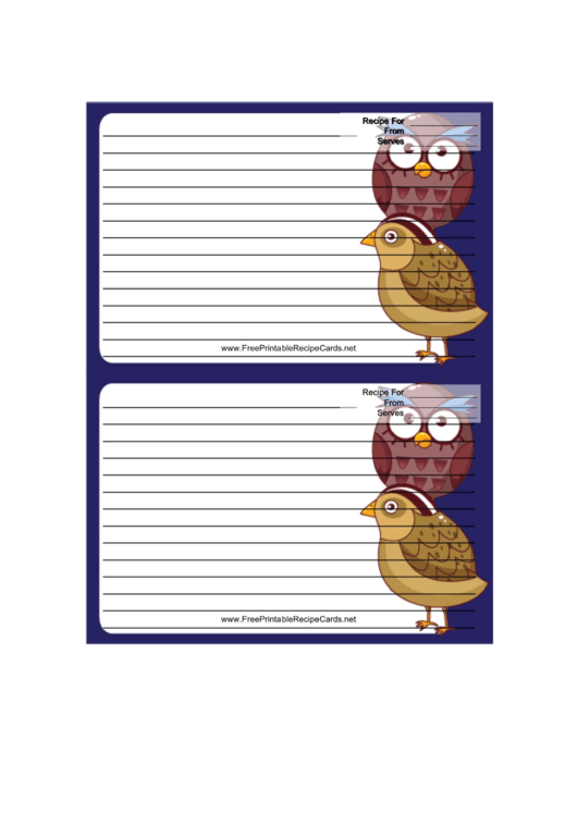 Partridge Owl Blue Recipe Card 4x6 Printable pdf