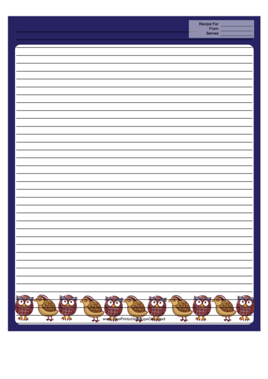 Partridge Owl Blue Recipe Card 8x10 Printable pdf