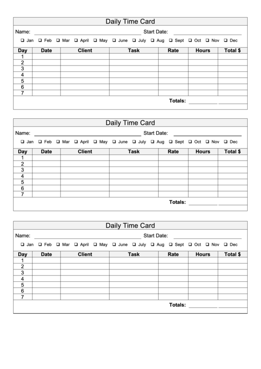 Daily Time Card Template - Three Per Page Printable pdf