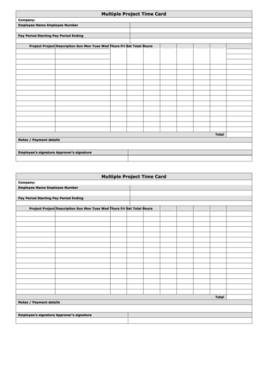 Multiple Project Time Card Template (Horizontal) Printable pdf