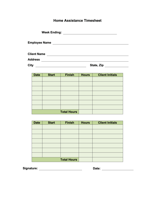Home Assistance Timesheet Printable pdf