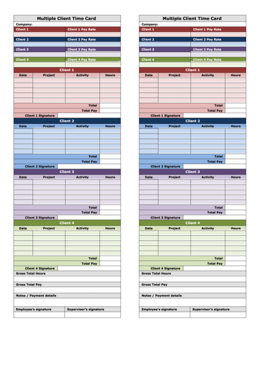 Colorful Multiple Client Time Card Template Printable pdf