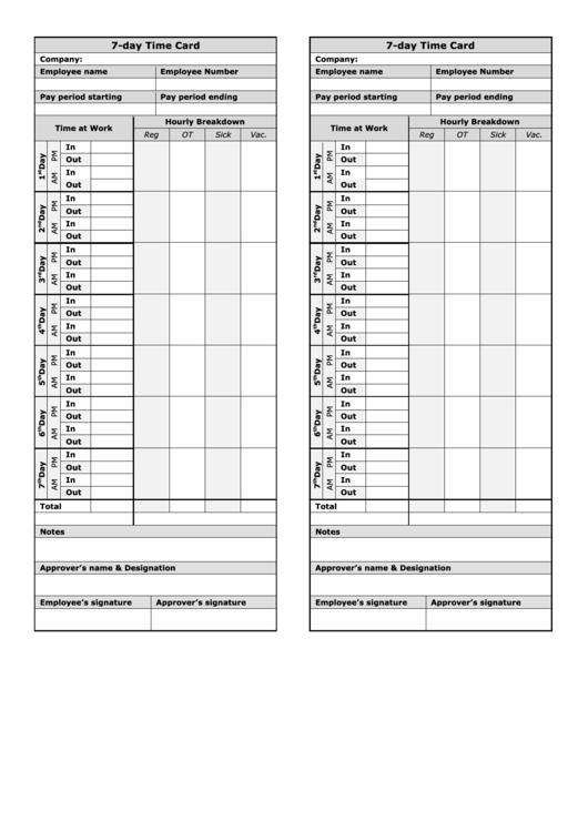 7-Day Time Card Template - Two Per Page Printable pdf