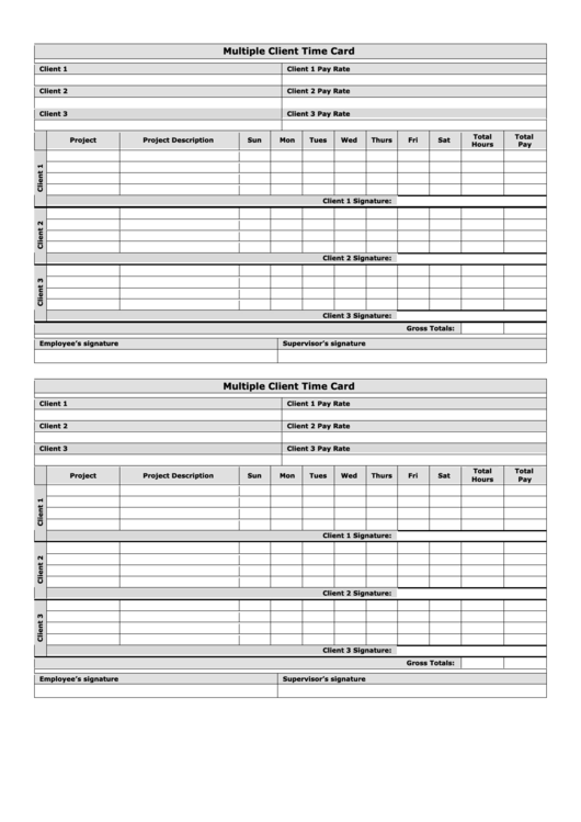 Black&white Multiple Client Time Card Template Printable pdf