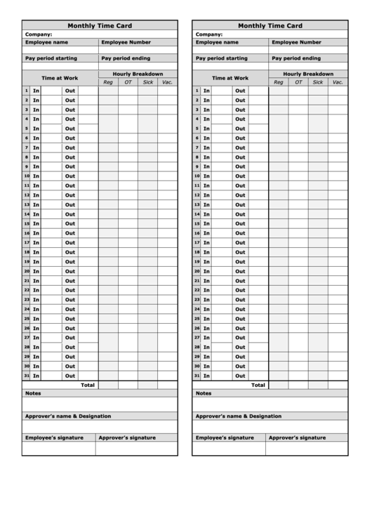 Monthly Time Card Template - Two Per Page Printable pdf
