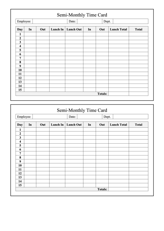 Semi-Monthly Time Card Printable pdf