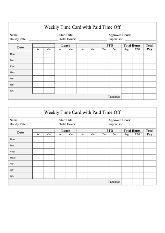 Weekly Time Card Template With Paid Time Off Printable pdf