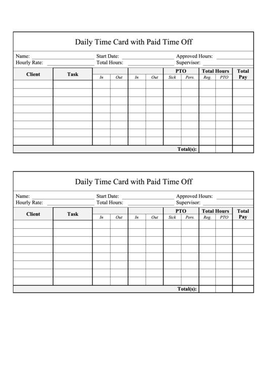 Daily Time Card With Paid Time Off Printable pdf