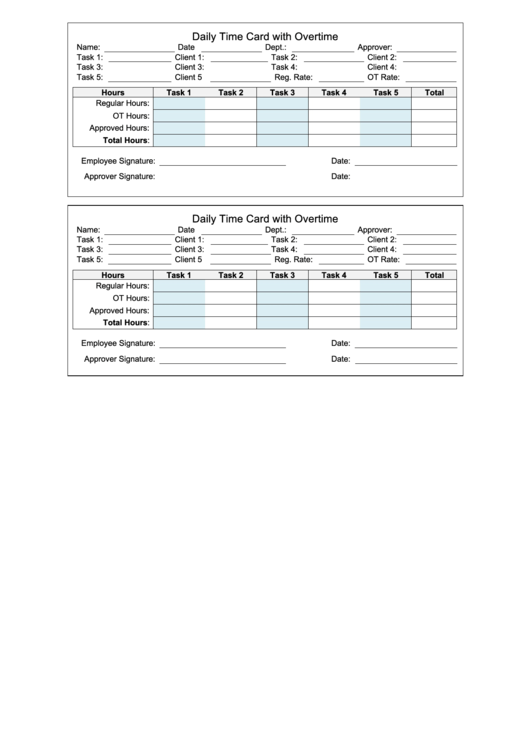 Daily Time Card With Overtime Printable pdf