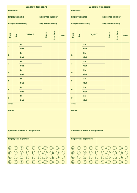 Weekly Timecard Template Printable pdf