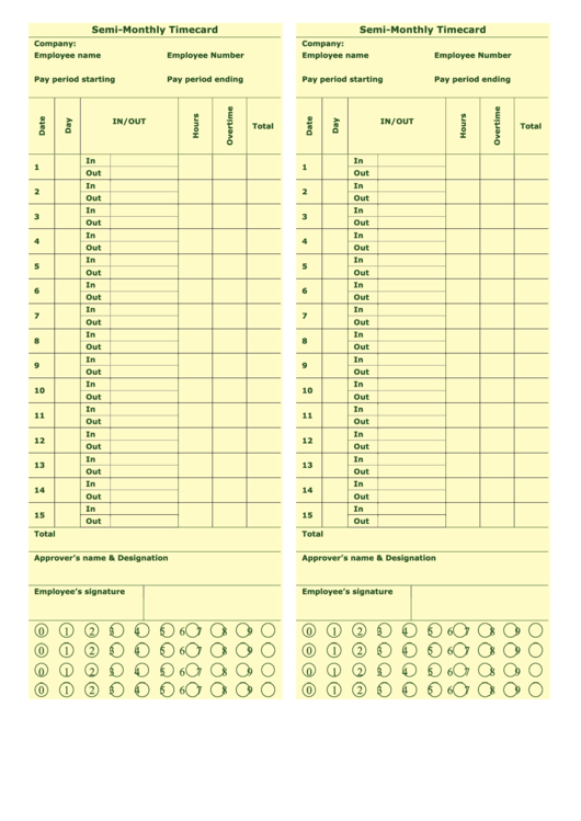 Semi-Monthly Timecard Template - Two Per Page - Yellow Printable pdf