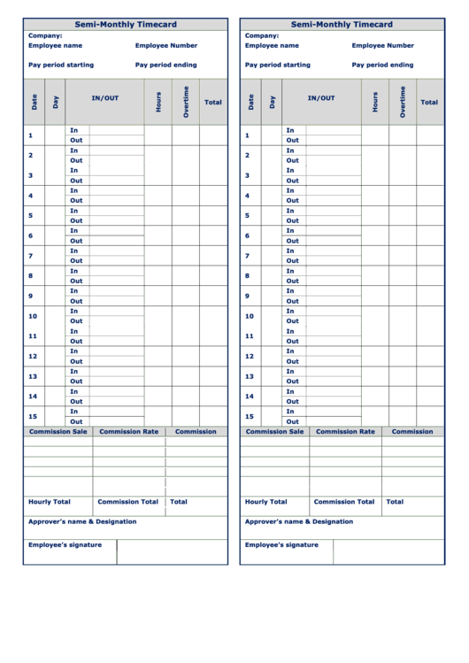 Semi-Monthly Timecard Template - Two Per Page Printable pdf