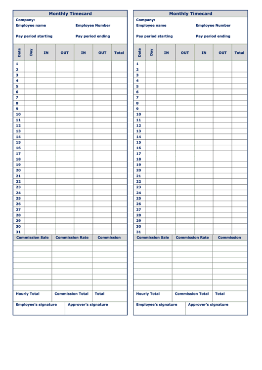 Monthly Timecard Template - Two Per Page Printable pdf