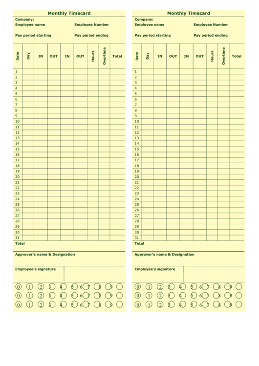 Monthly Timecard Template Printable pdf