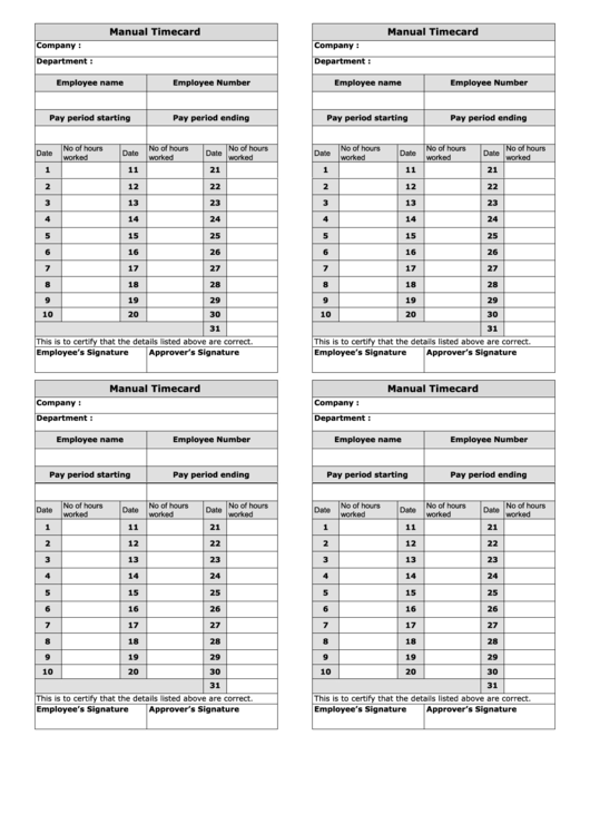 Manual Timecard Template For Month - Four Per Page Printable pdf