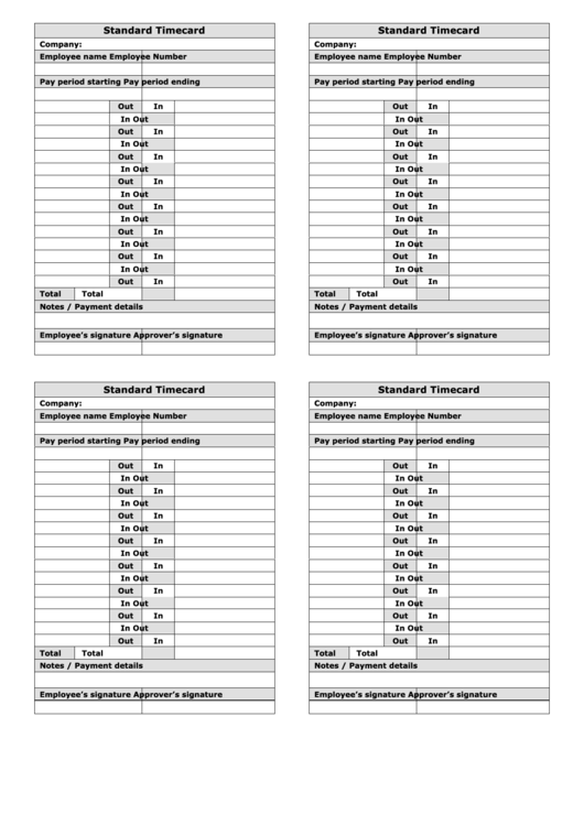 4 Standard Timecard Template Printable pdf
