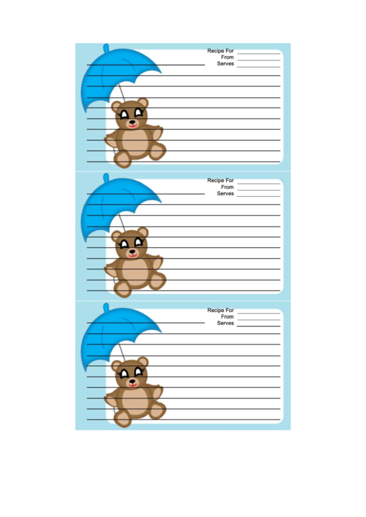 Teddy Bear Blue Umbrella Recipe Card Template Printable pdf