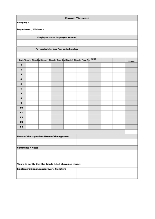 Manual Time Card Template Printable pdf