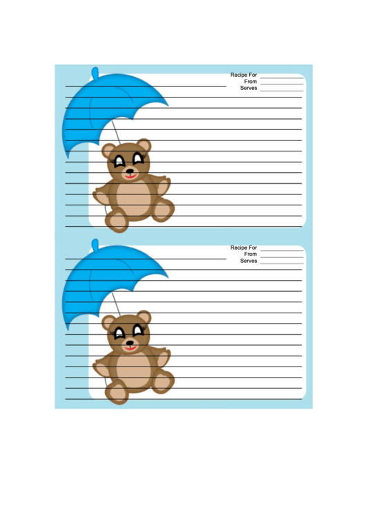 Teddy Bear Blue Umbrella Recipe Card Printable pdf