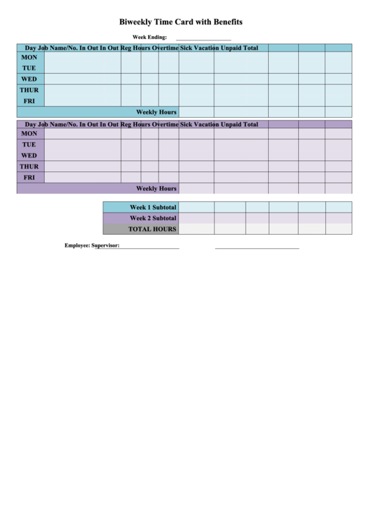 Diweekly Time Card With Benefits Printable pdf