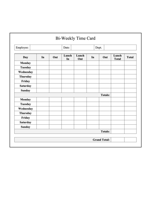 Bi-Weekly Time Card Template Printable pdf