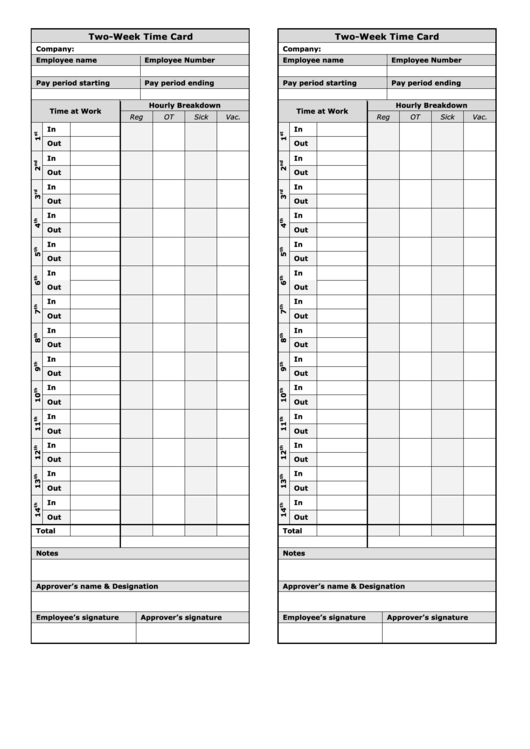 Two-Week Time Card Template - Two Per Page Printable pdf