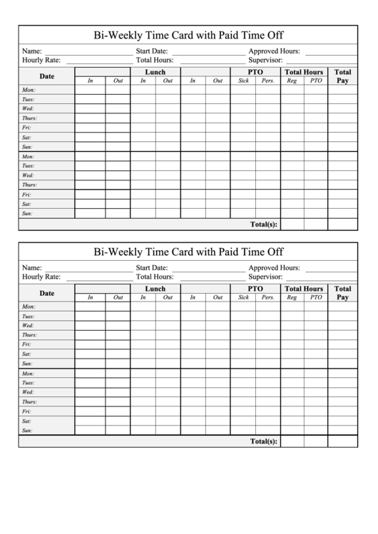 Bi-Weekly Time Card Template With Paid Time Off Printable pdf