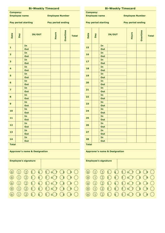 Bi-Weekly Timecard Template Printable pdf