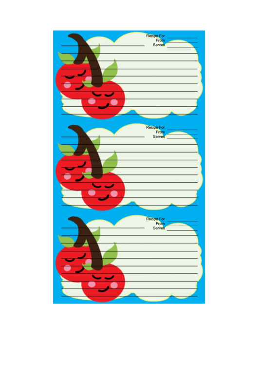 Cherries Blue Recipe Card Template Printable pdf