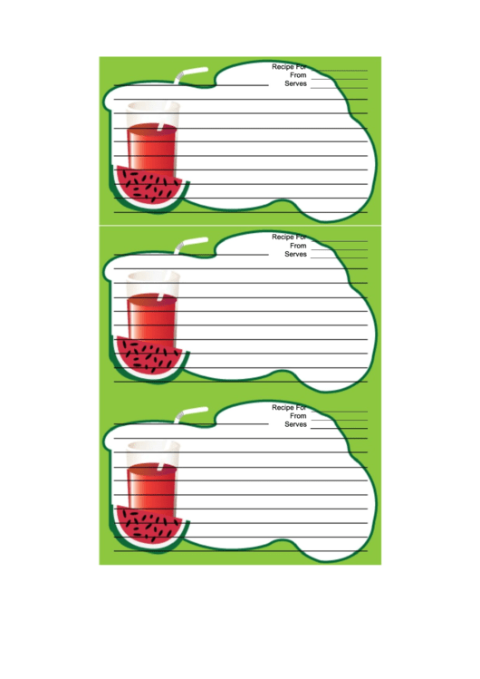 Watermelon Drink Green Recipe Card Template Printable pdf